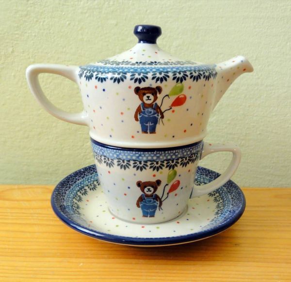 ポーランド陶器 食器 z949 茶クマ＆赤緑風船 ティーフォーワンセット