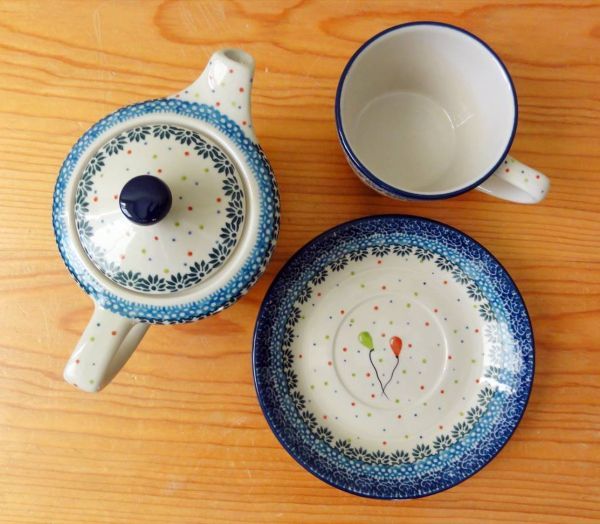 ポーランド陶器 食器 z949 茶クマ＆赤緑風船 ティーフォーワンセット