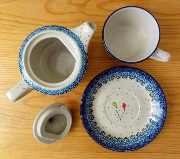 ポーランド陶器 食器 z949 茶クマ＆赤緑風船 ティーフォーワンセット