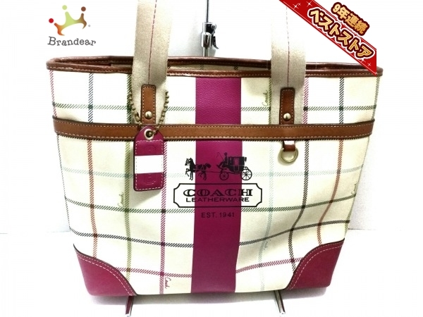 コーチ COACH トートバッグ 12220 ヘリテージ ストライプ タッターソール トート PVC(塩化ビニール)×レザー アイボリー×ピンク×マルチ