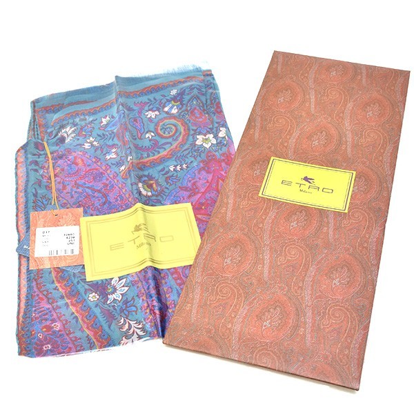 新品 エトロ ETRO シルク ペイズリー柄 スカーフ ストール ブルー