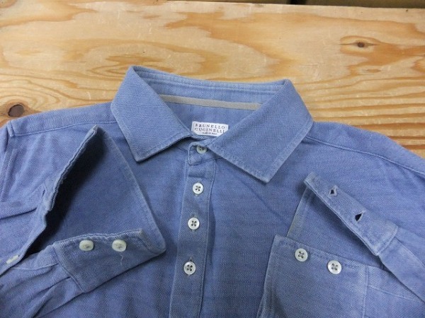 【送料240円】 Brunello Cucinelli ブルネロクチネリ メンズ イタリア製 シャドーボーダー スリムフィット 鹿の子 長袖ポロシャツ ブルー M
