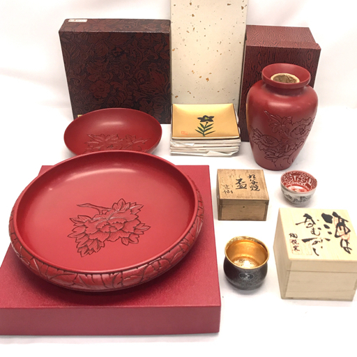 【新作入荷，新作入荷，HOT】 村上堆朱 花瓶 花器 高さ約16cm 陶悦窯 悦山 猪口 ぐい呑 他 食器 漆器 まとめセット(漆芸)｜売買されたオークション情報、yahooの商品情報をアーカイブ公開 - オークファン その他