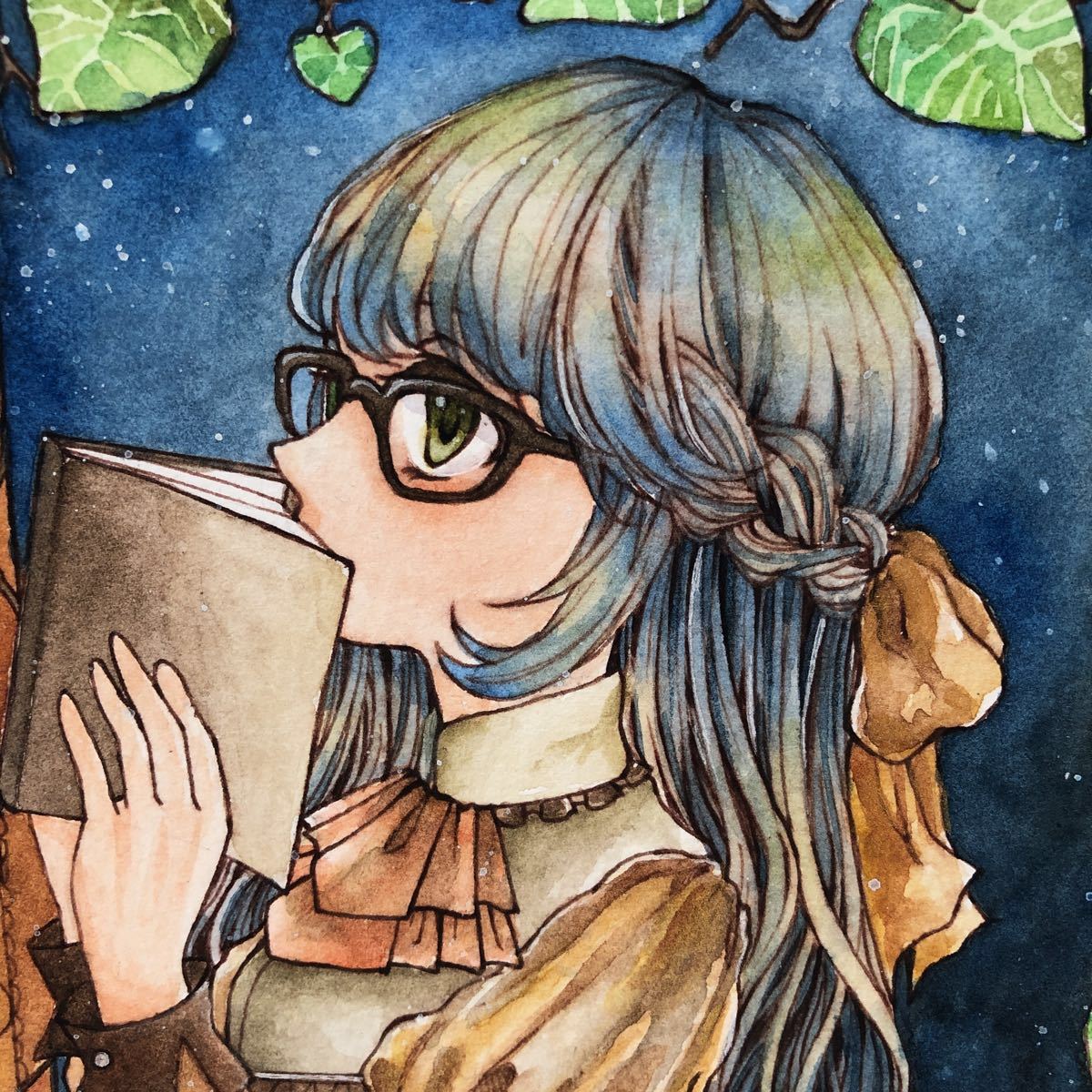 手描きイラスト水彩画☆オリジナル図書館少女☆