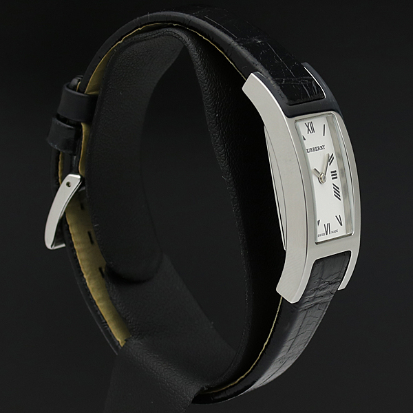 1円★稼働◎良品【BURBERRY/バーバリー】14000L ホワイトローマン スクエア 純正ベルトレザー/黒 QZ 箱有 レディース腕時計　040%006