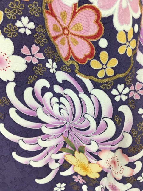 バイセル 着物 名品 振袖 青緑色 雪輪 桜 菊 金彩 ぼかし 正絹 袷（10月～5月） 163cm Mサイズ ☆☆☆☆
