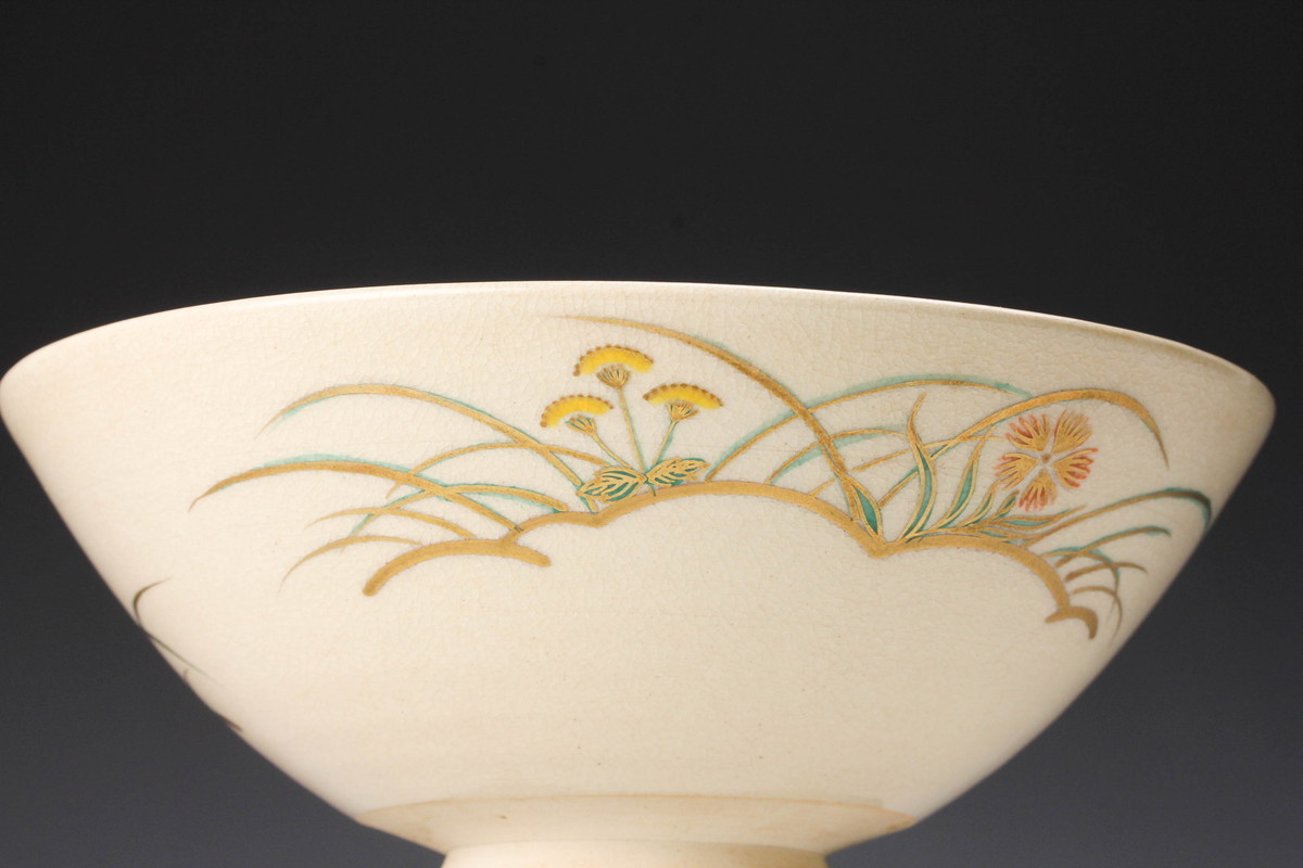 清閑寺窯 杉田祥平 共箱 京焼 茶道具 抹茶碗 色絵秋草画茶碗