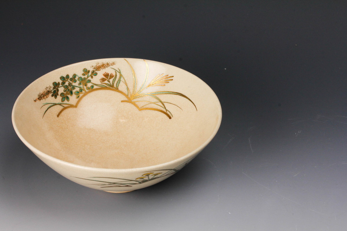 清閑寺窯 杉田祥平 共箱 京焼 茶道具 抹茶碗 色絵秋草画茶碗