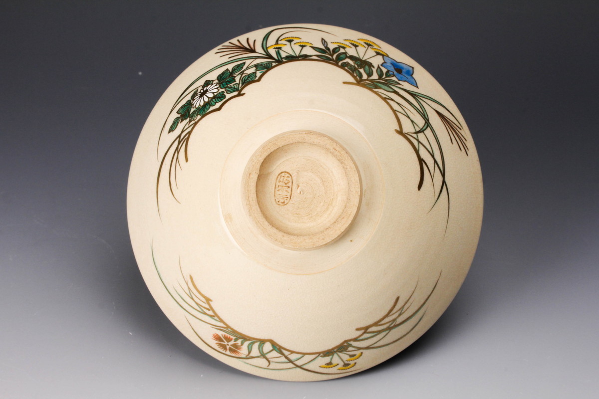 清閑寺窯 杉田祥平 共箱 京焼 茶道具 抹茶碗 色絵秋草画茶碗