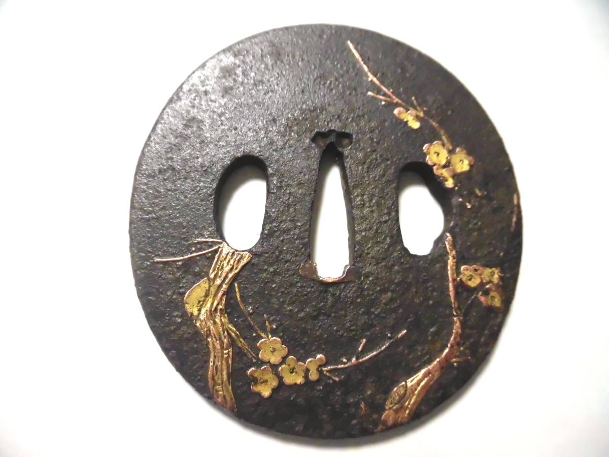 名品 江戸期金工作 揃い縁頭 銘八正 赤銅地四分一肉彫象嵌金銀色絵 蓮