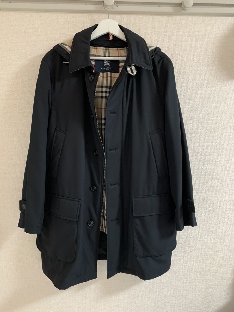 美品！BURBERRY LONDON ステンカラーコート ブラック チェック M ライナー フード ブランド 春 秋 冬撥水クリーニング済三陽商会正規品