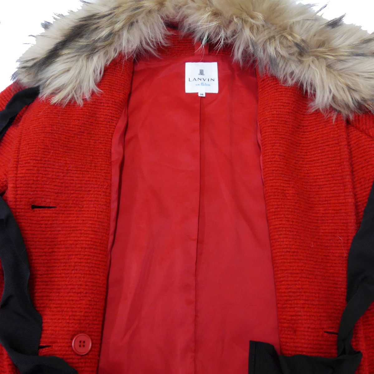 ランバンオンブルー LANVIN en Bleu ノーカラーコート ロング ラクーン