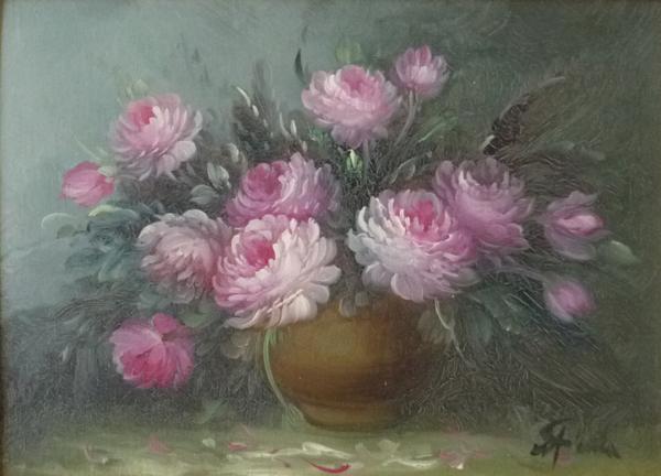 油絵 絵画 ⁄ 肉筆 額入り油彩 手描き 花と花瓶 F4 鈴木郁夫 バラ(赤)