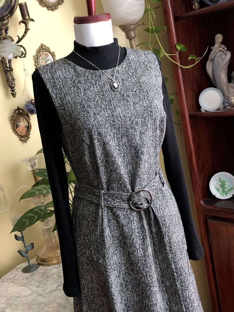 新品【カルバンクライン】ツイード柄/美カットＡラインフレアー/ストレッチジャンパードレス/ベルト付 （US・８／11号）#67