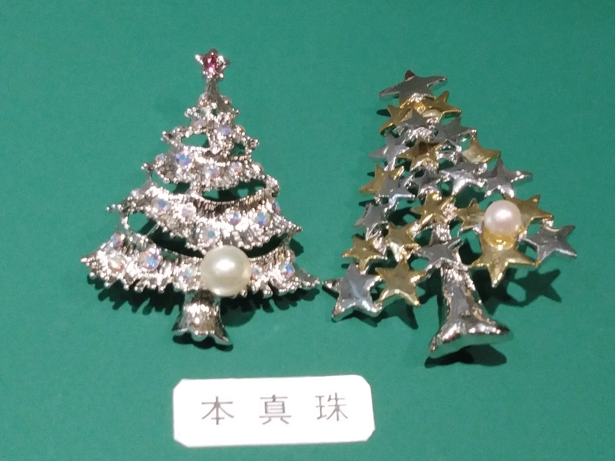 クリスマスのブローチ5点セット 本真珠付きブローチ☆クリスマスツリーブローチ☆二点セット♪送料無料