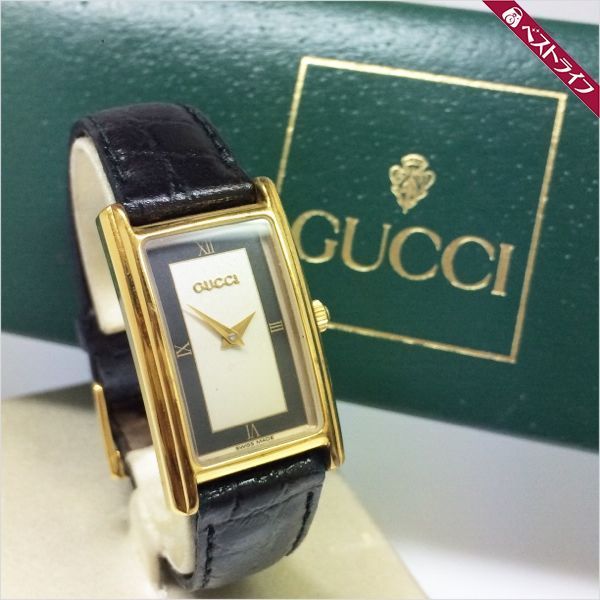 GUCCI グッチ スクエア ウォッチ 腕時計 2600L ゴールド ブラック 本物