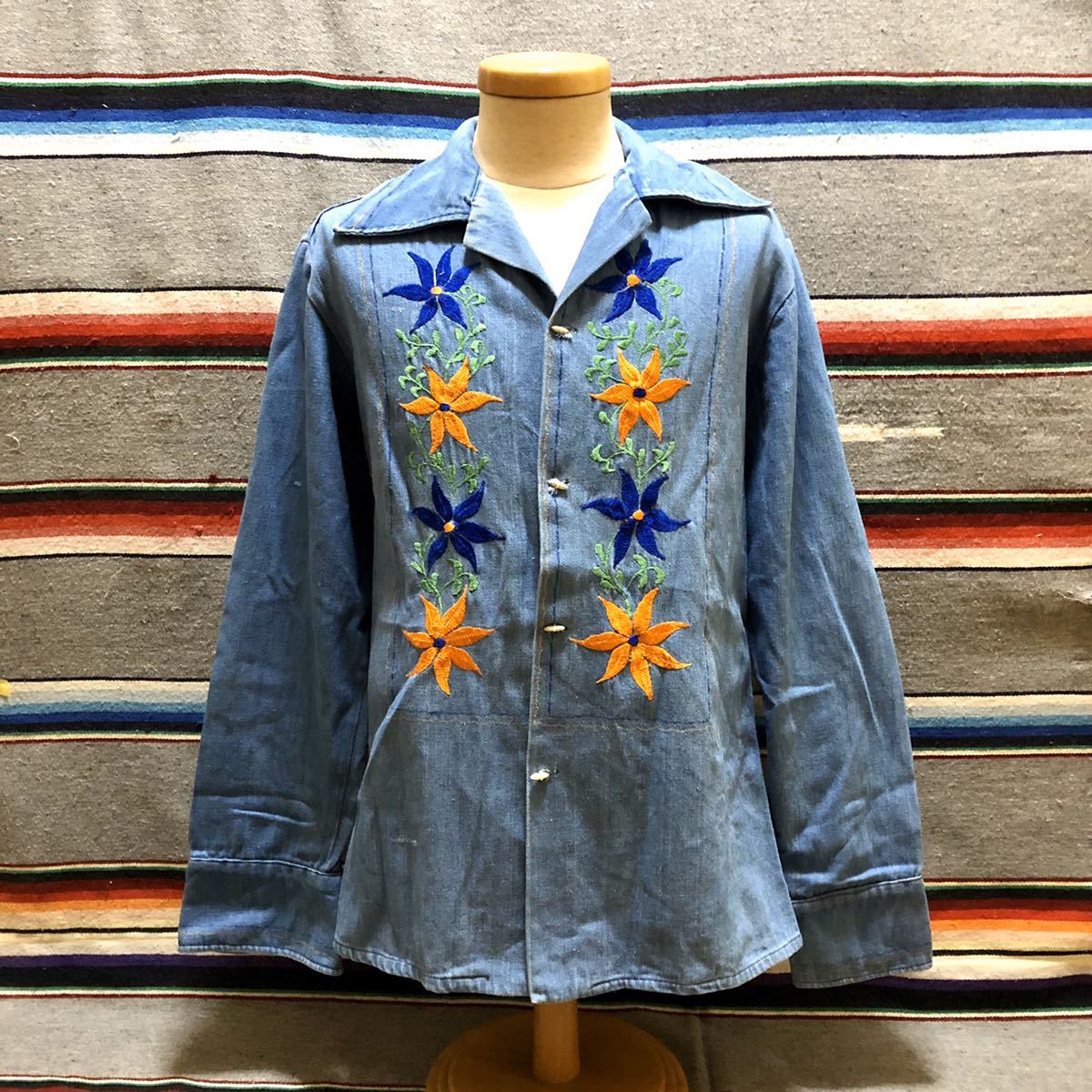 刺繍 70s デニムシャツ デニム キューバシャツ ジャケット 