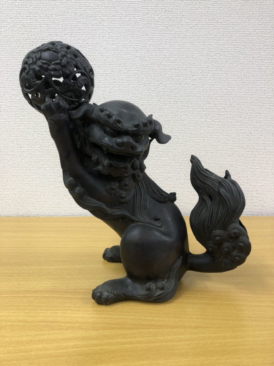 時代ブロンズ 銅製唐獅子 置物 重さ5.5kg 高30cm 幅27-15cm 日本金工