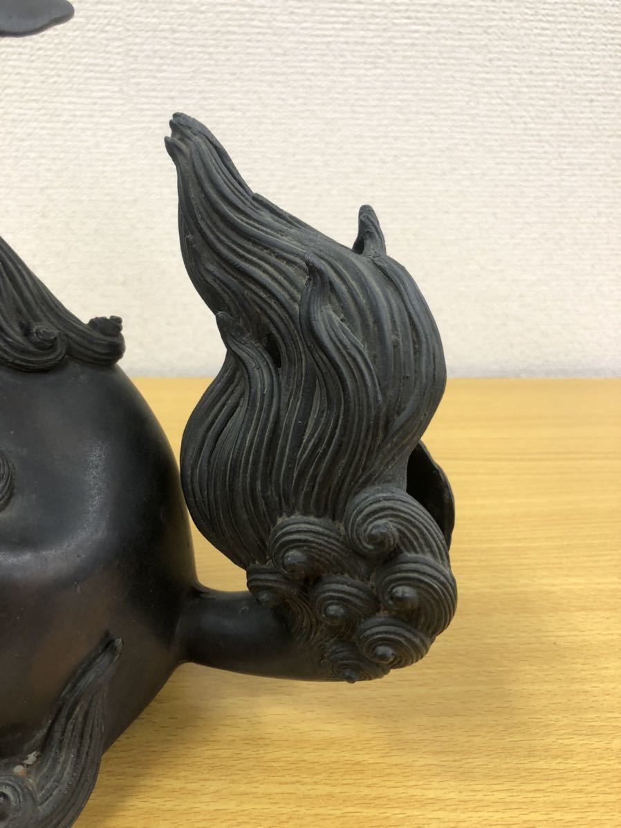時代ブロンズ 銅製唐獅子 置物 重さ5.5kg 高30cm 幅27-15cm 日本金工