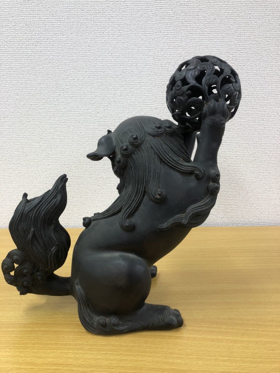 時代ブロンズ 銅製唐獅子 置物 重さ5.5kg 高30cm 幅27-15cm 日本金工