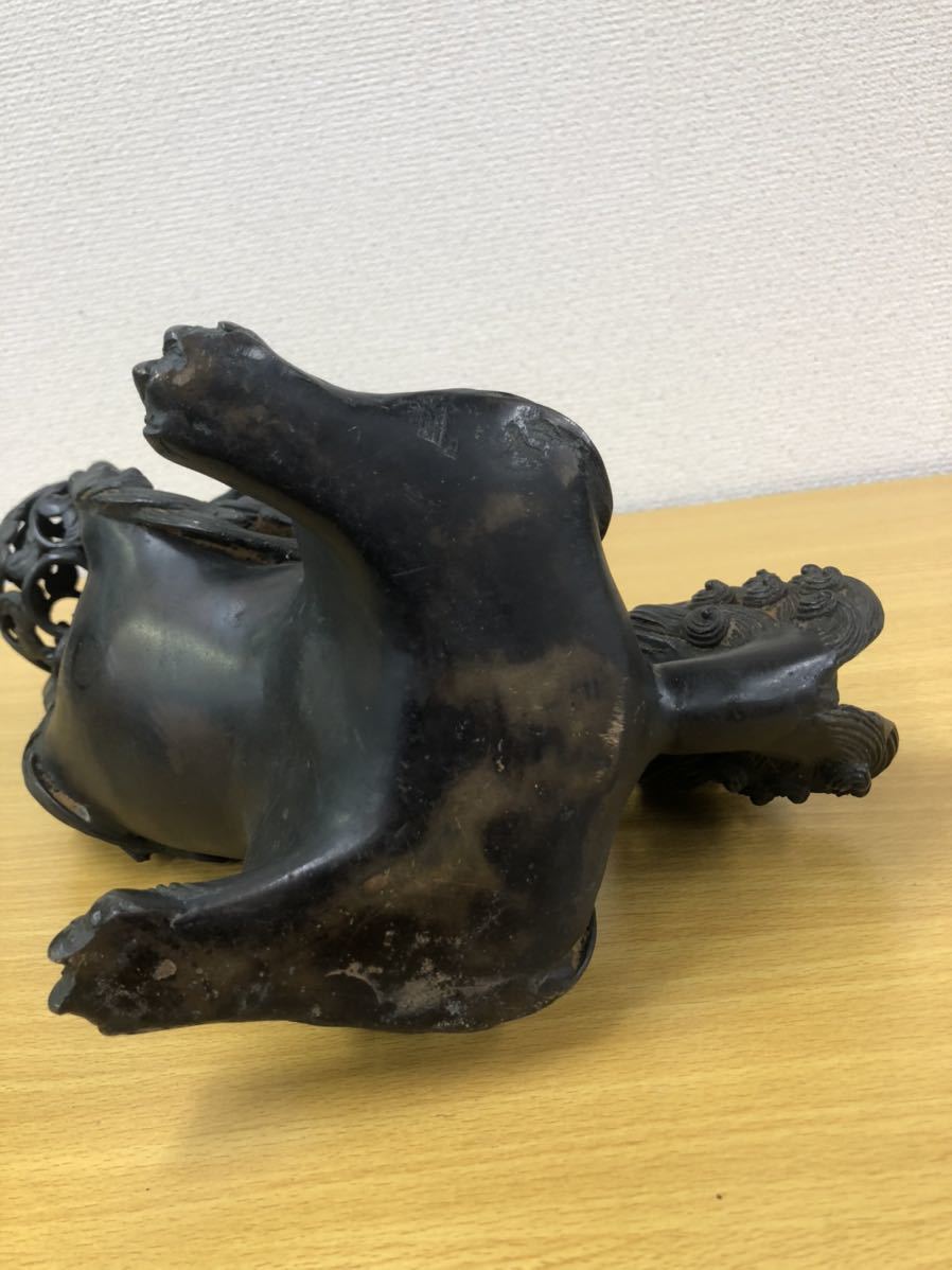 時代ブロンズ 銅製唐獅子 置物 重さ5.5kg 高30cm 幅27-15cm 日本金工