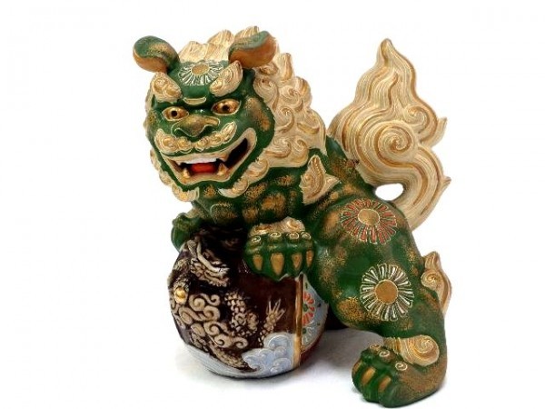 九谷焼 玉乗り獅子 置物 八幡窯 - 須栄義 須栄義作 30cm 陶器 招福