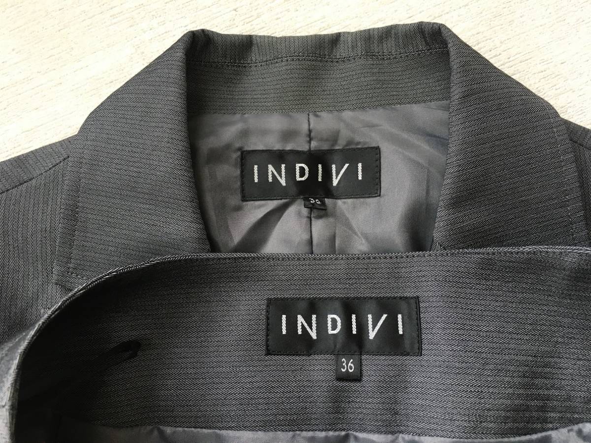 美品【38】INDIVI パンツスーツ グレー 綿45% 就活 リクルート 極美品】インディヴィ INDIVI スカート+パンツスーツ 36 38 グレー