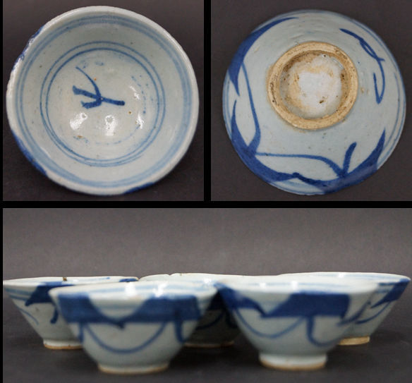閑】景徳鎮製 古染『花文』煎茶碗 五客セット 中国茶器 / 煎茶道具