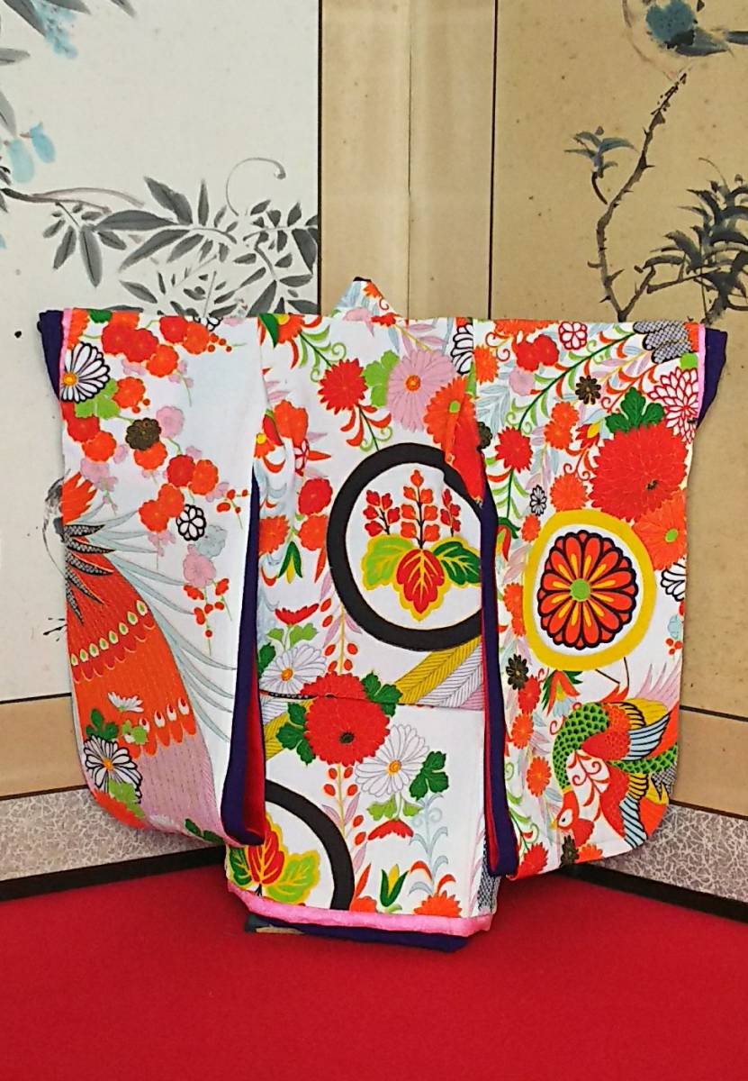 安い，セール】 市松人形の着物 振袖 孔雀 12号用 正絹古布使用 送料無