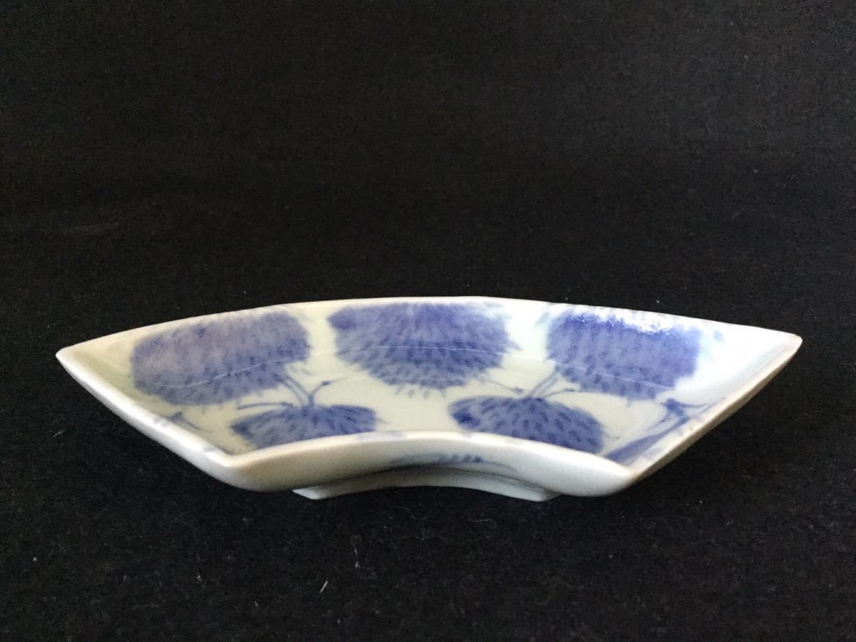 古伊万里/染付/扇形/小皿/草木紋/変形皿/豆皿/美品/無傷/器/手塩皿