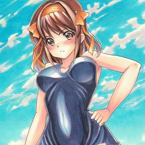 ハルヒ 同人手描きイラスト:涼宮ハルヒ「3月のスク水4」A4サイズ