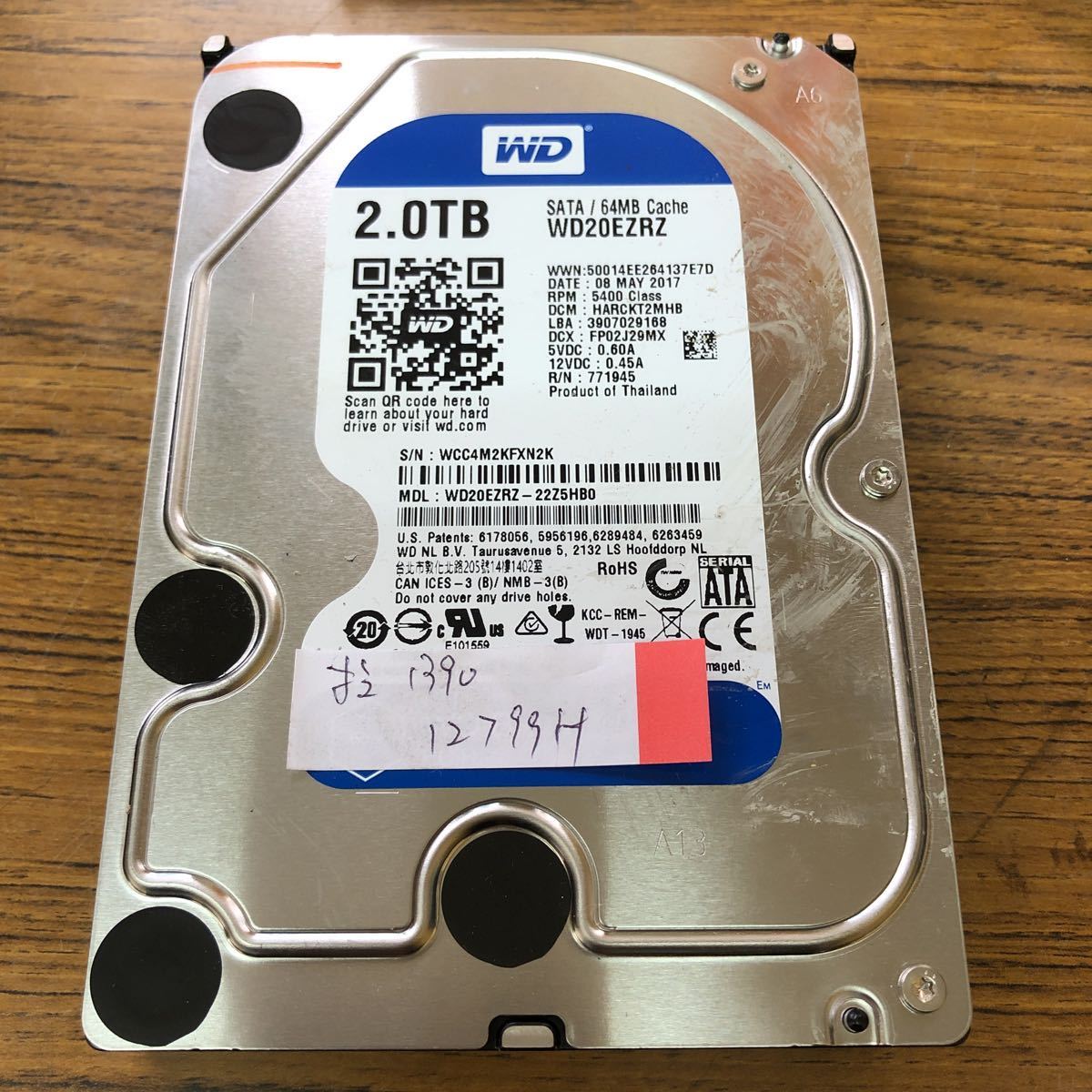 使用時間12799H/WD BLUE 2TB HDD WD20EZRZ 2017年製