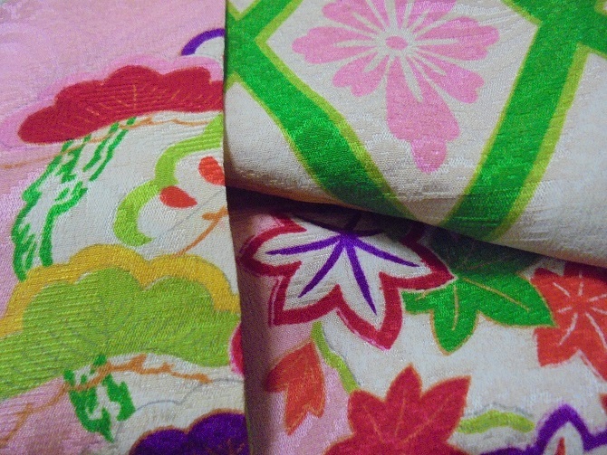 39.アンティーク◇正絹 扇面に寶づくし、菊花・桐、紅葉・笠松、織出し