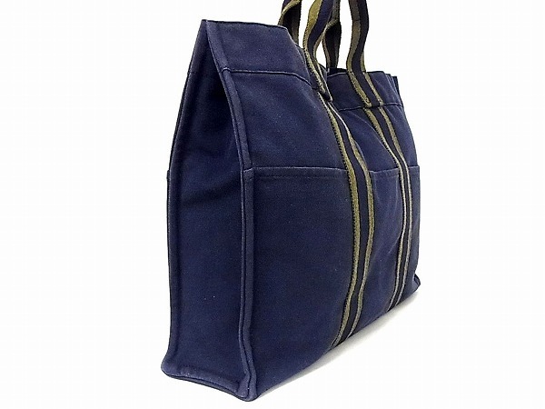 1円 ■美品■ HERMES エルメス フールトゥMM キャンバス トートバッグ ハンドバッグ 手提げかばん ネイビー系×カーキ系 F4712sO
