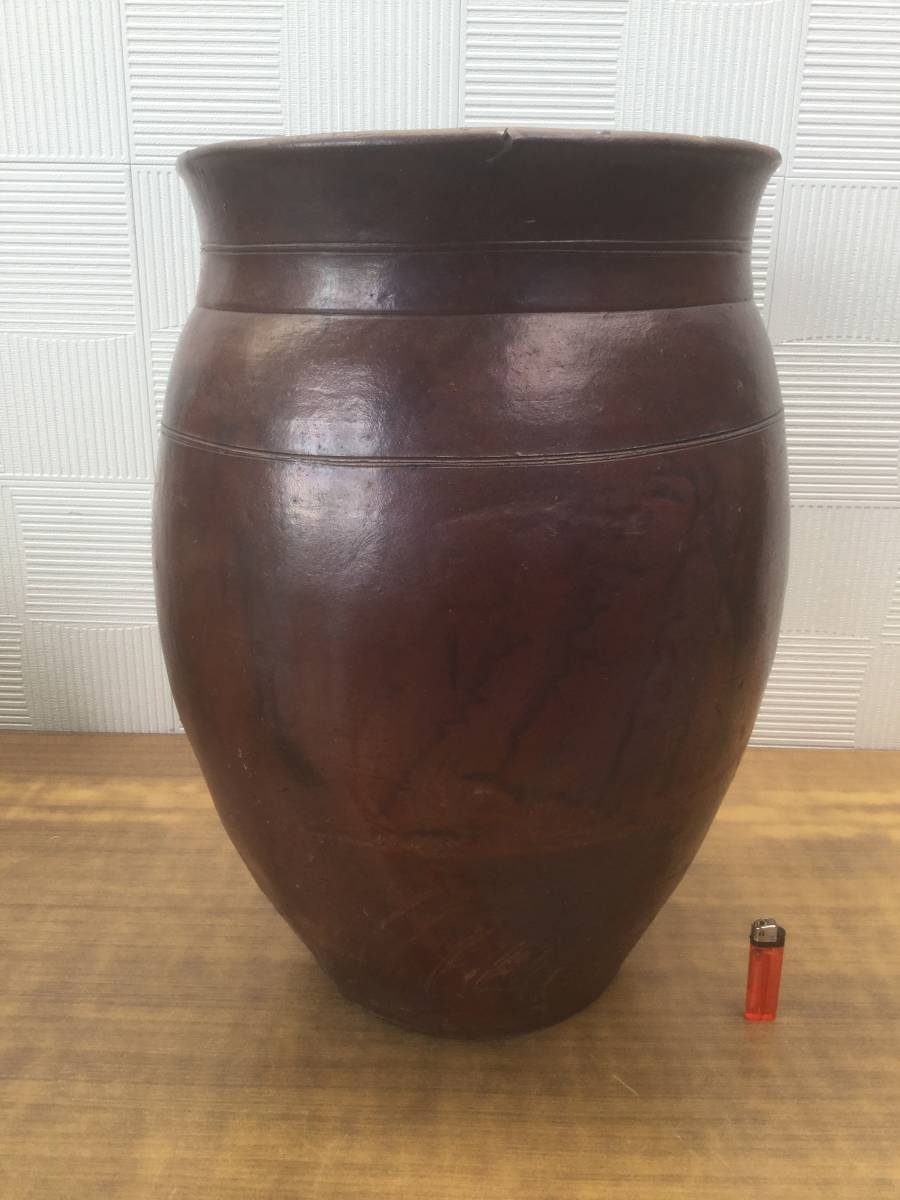 送料無料] 古い 唐津焼 壺 甕 水甕 メダカ鉢 睡蓮鉢 置物 オブジェ 高