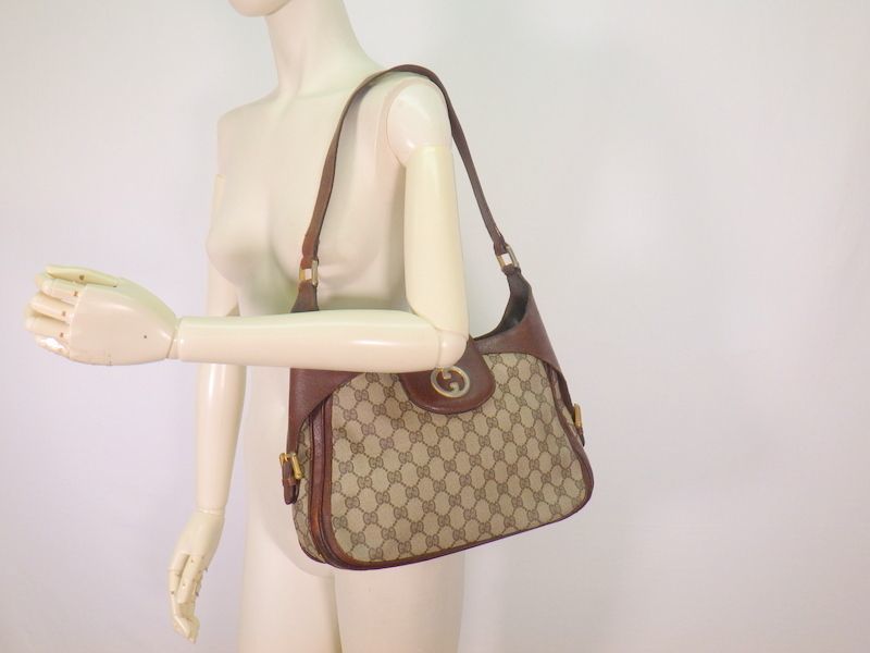 1円～ オールド グッチ ヴィンテージ GG柄 ショルダー トートバッグ PVCレザー 茶 ブラウン GUCCI 1053h