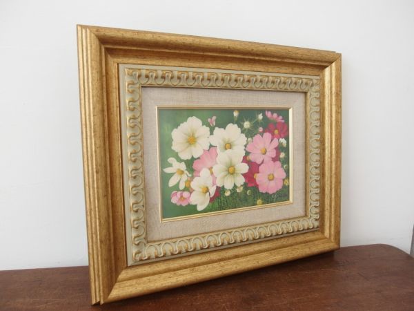 油彩画 安田英明 SM号 赤 白 黄 夢画廊 F4 安田英明 牡丹 真筆