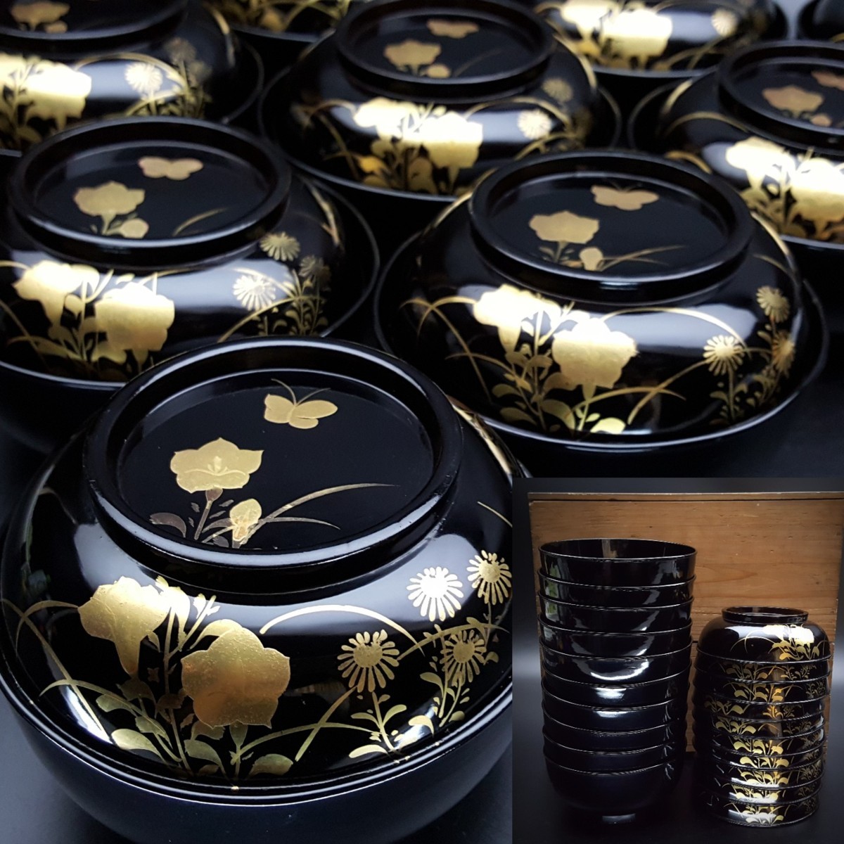 宝蔵】時代漆器 本金花蝶蒔絵吸物椀 厚物椀 10客 12.5cm 茶懐石道具