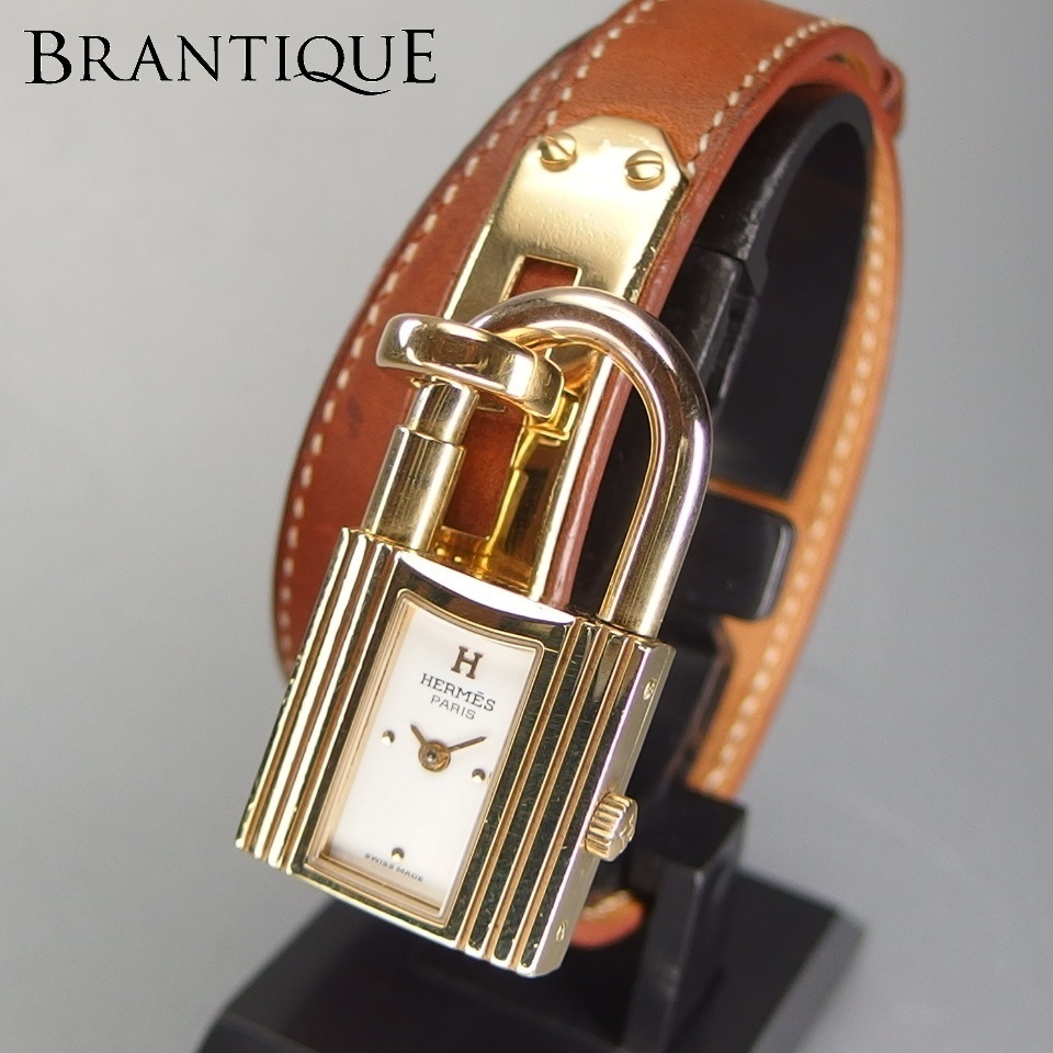 【希少 ドゥブルトゥール 人気カラー】Hermes Kelly ケリー GPxレザー ダブルストラップ キャメル ホワイトダイヤル QZ レディース 腕時計
