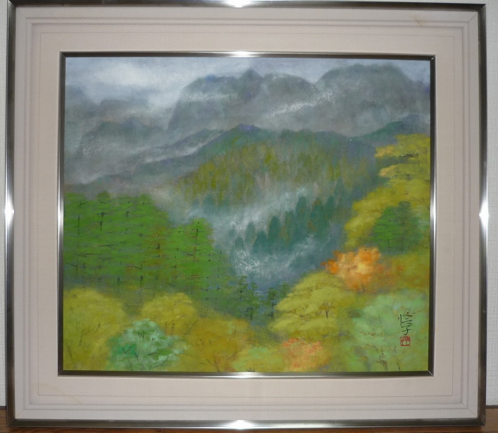 真作】江口鸚洲 肉筆絹本青緑 竹蛍図 掛軸／日本画家 文展 帝展出品