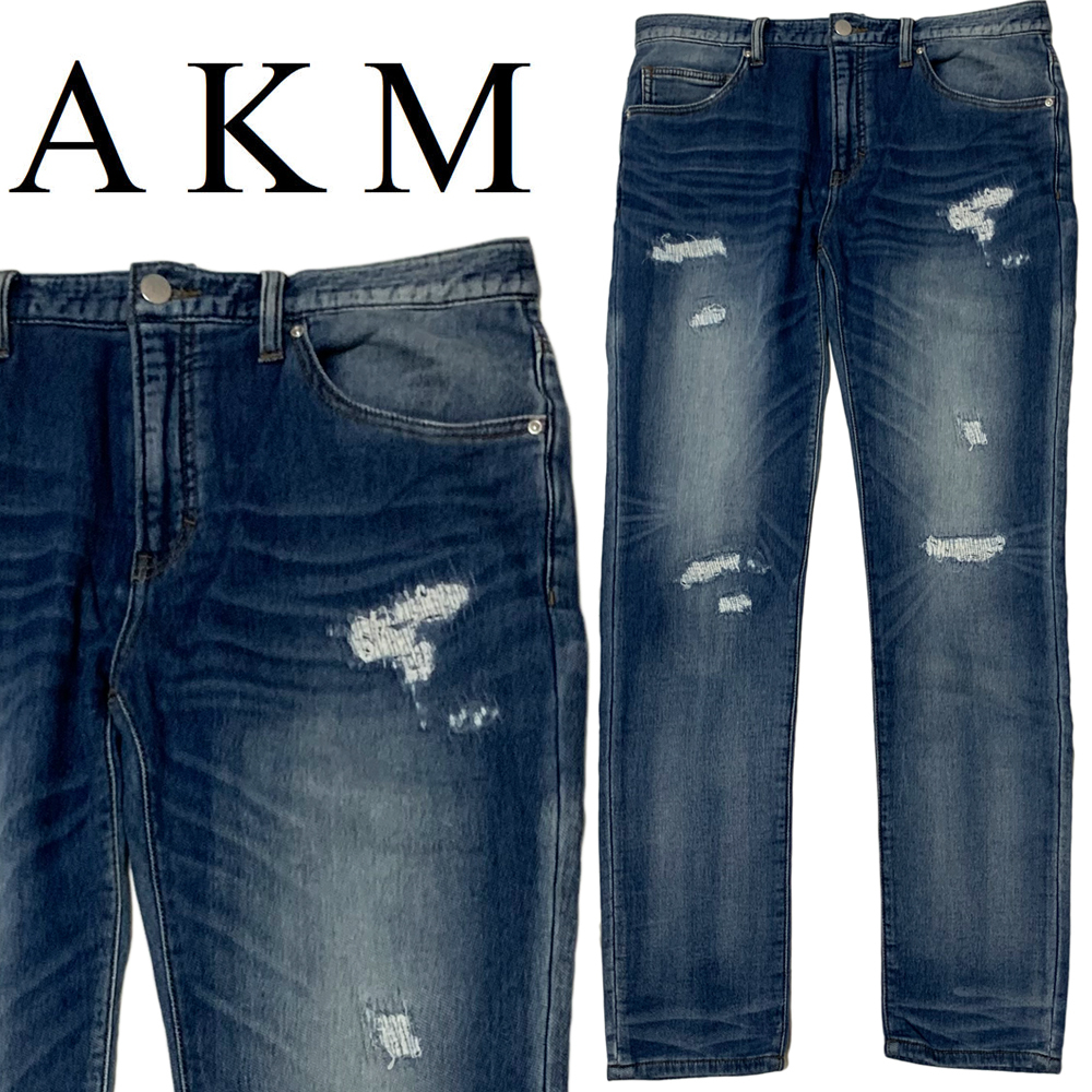 超激得，限定SALE AKM クラッシュ加工 ダメージ加工 スウェット デニムパンツ L ストレッチ インディゴ ジョグデニムパンツ ニットデニムパンツ(ジーンズ)｜売買されたオークション情報、yahooの商品情報をア ボトムス