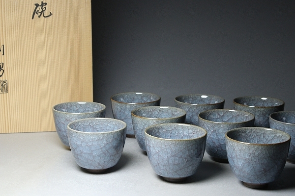 □□極上釉薬美！古川利男 青磁汲出碗 十客 氷裂貫入煎茶碗 湯呑 盃に
