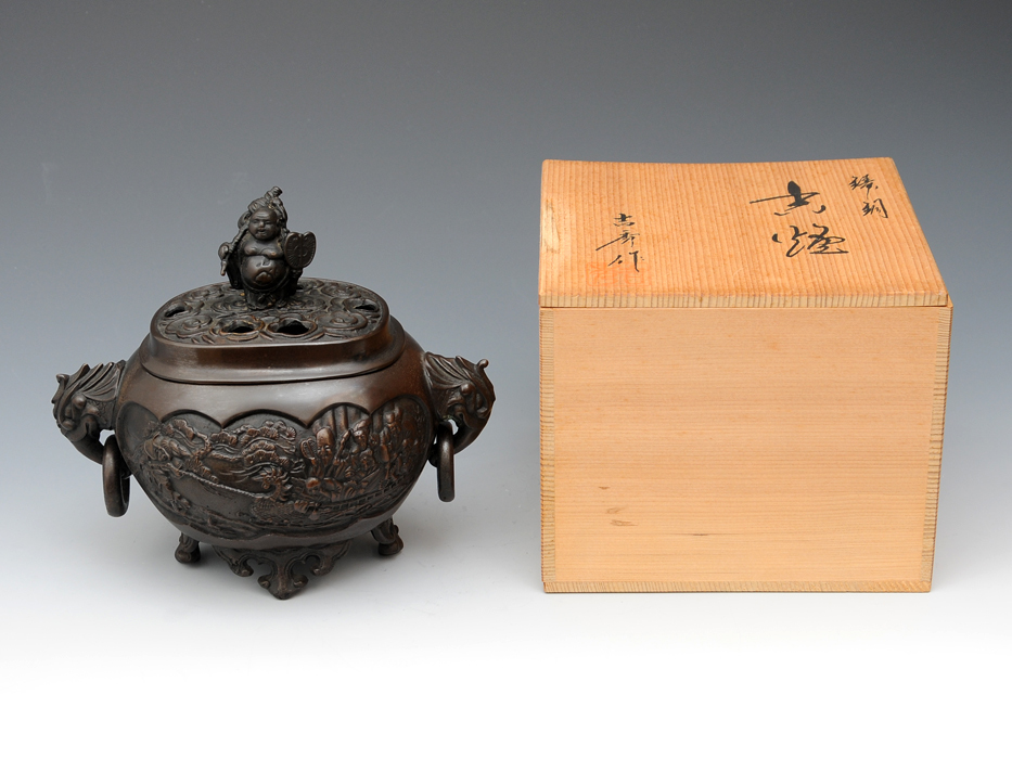 金工師 能作吉秀（造）鋳銅 七福神 宝船 獣耳香炉 摘み布袋 共箱 香 