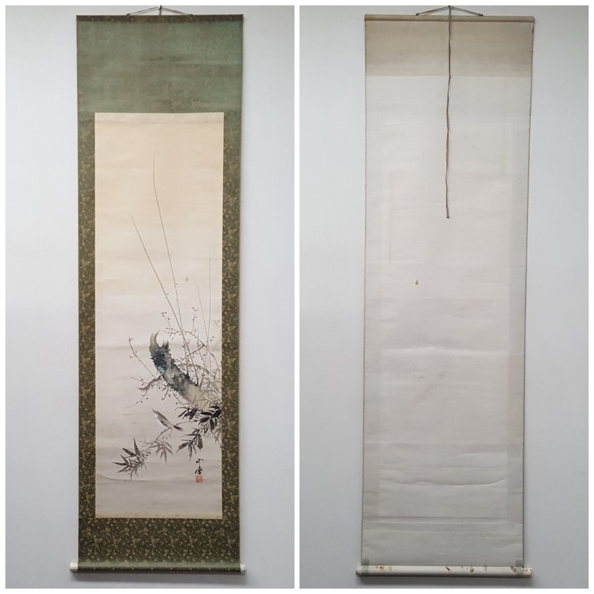 宝蔵】真作 掛軸 竹雲 花鳥図 梅時鳥 ホトトギス 紙本肉筆 牙骨芯 合箱