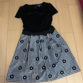 エムズグレイシー ワンピース 黒 花柄 チェック リボン 切替 サイズ38