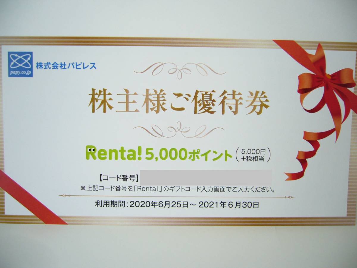 パピレス Renta! 株主優待 10000ポイント分 コード通知 Renta 株主優待