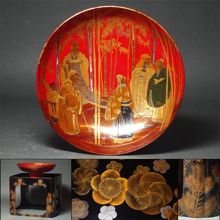 慶應◇明治時代 本金高蒔絵竹林七賢人図大杯 研出蒔絵梅松図杯台 酒器