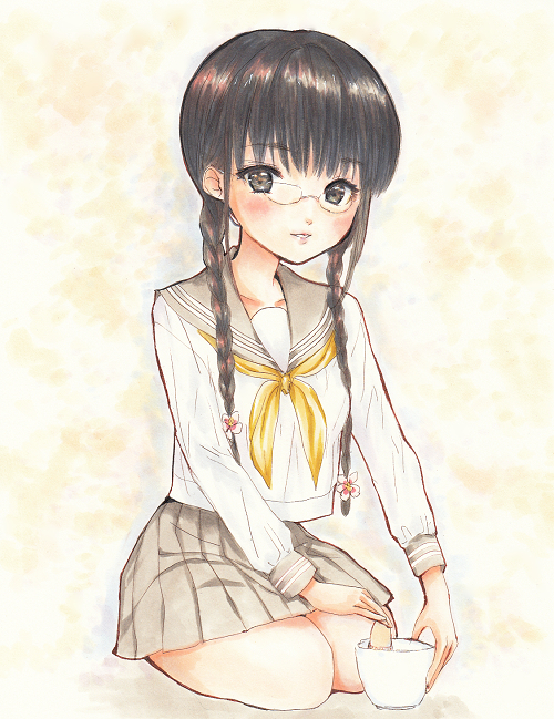 手描き イラスト メガネっ娘 おさげ お茶を点てる 正座 セーラー服 制服 B5 水彩紙 手描きイラスト 売買されたオークション情報 Yahooの商品情報をアーカイブ公開 オークファン Aucfan Com