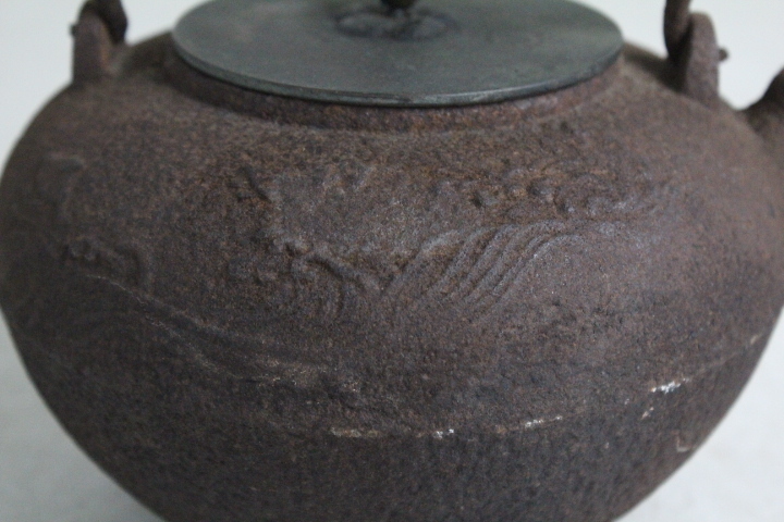 TB526龍文堂造 千鳥図 銅蓋鉄瓶 1385g◇鉄壷/水注/湯沸し/