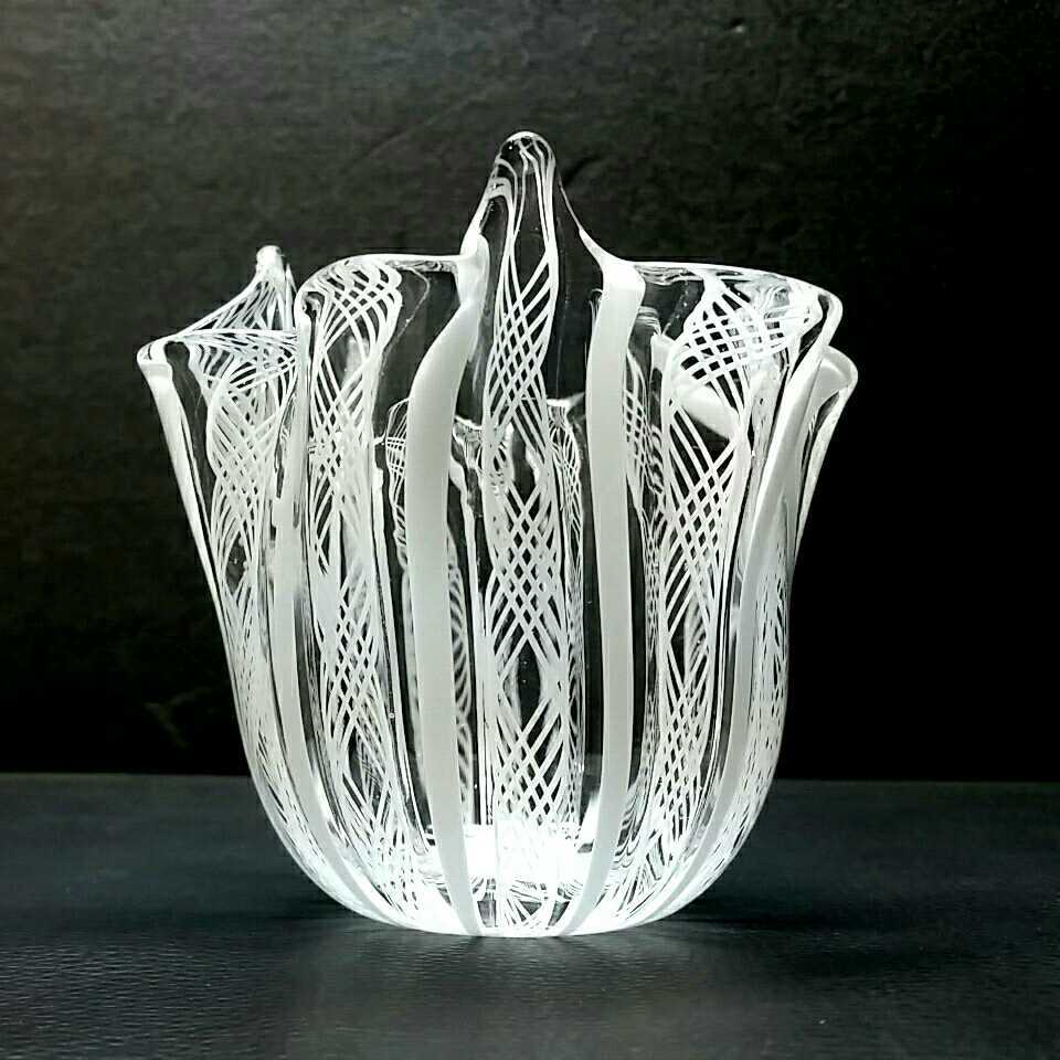 MURANO GLASS ムラノ 金彩 双耳 ホワイト レース ピンク 花器の通販